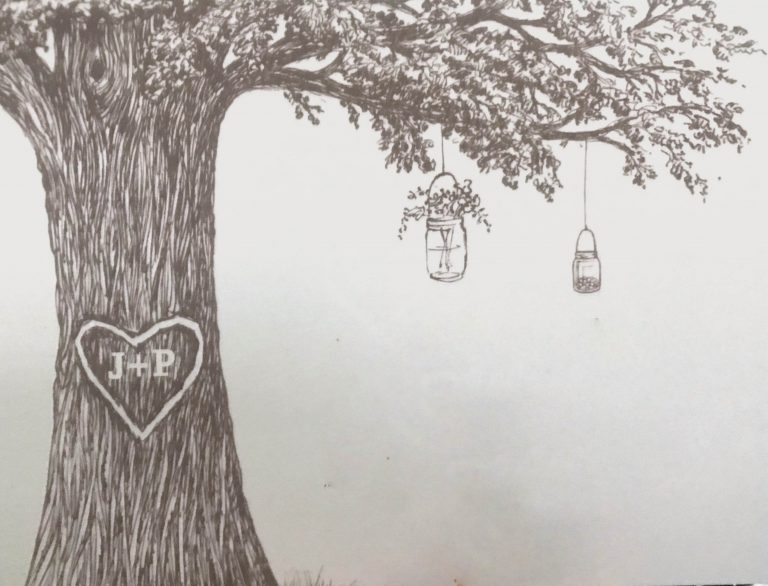 image of a tree with a heart and J&P carved into the trunk